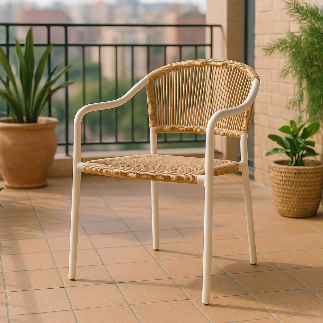 Set 4 Sillas de Exterior de Cuerda de Ratán Sintético Café y Blanco