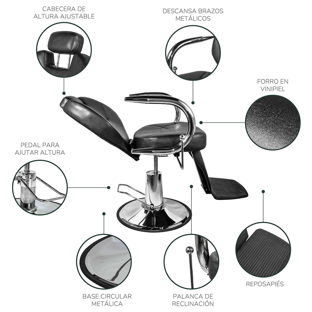 Silla Barbería Deluxe con Respaldo Reclinable Negra