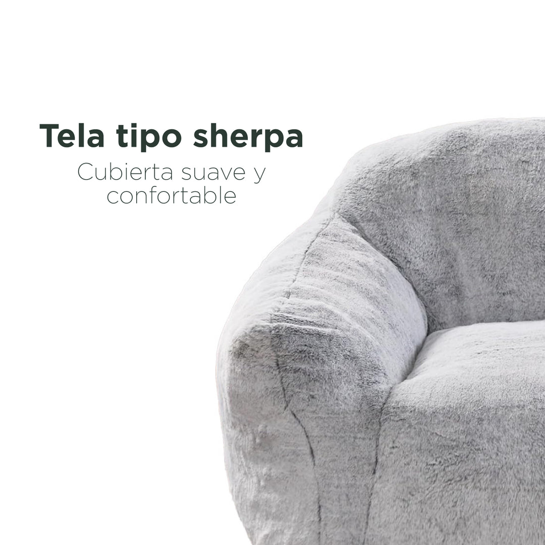 Puff Sillón Individual Tipo Sherpa Gris Claro