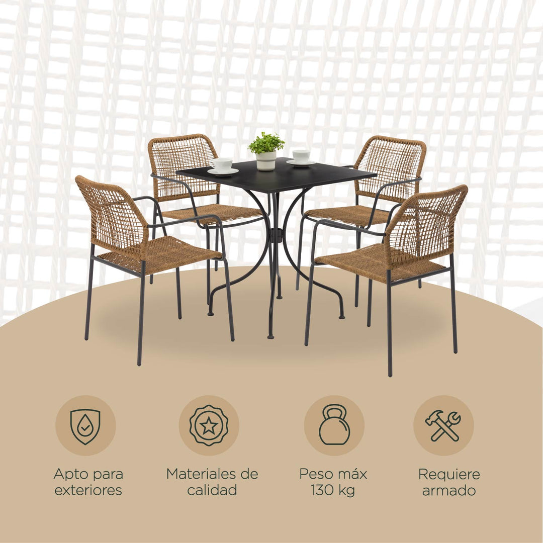 Set 4 Sillas de Ratán Sintético + Mesa Cuadrada
