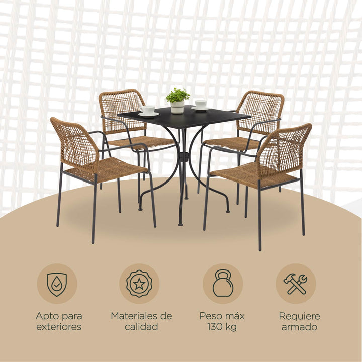 Set 4 Sillas de Ratán Sintético + Mesa Cuadrada