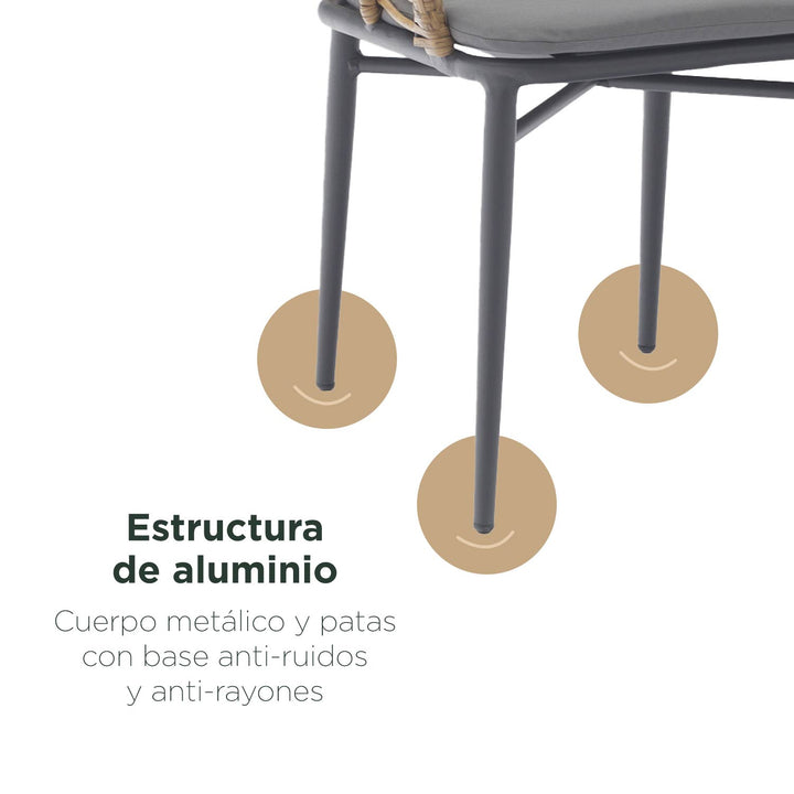 Set 4 Sillas de Exterior con Respaldo de Ratán y Cojín Café y Gris