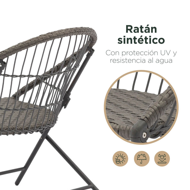 Set 2 Sillas de Ratán Sintético Gris + Mesa Auxiliar Redonda Plegables