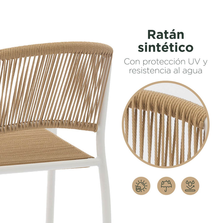 Set 4 Sillas de Exterior de Cuerda de Ratán Sintético Café y Blanco