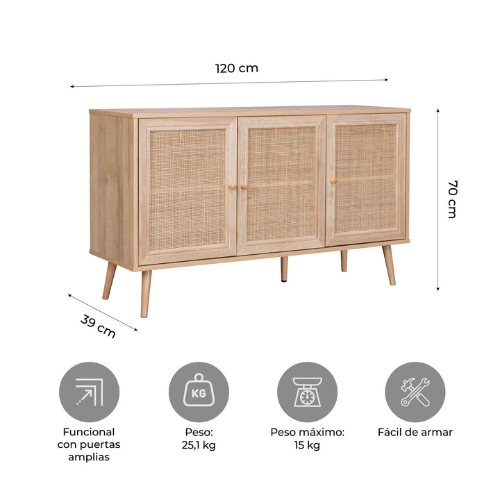 Credenza Bufetera con 3 Puertas de Ratán