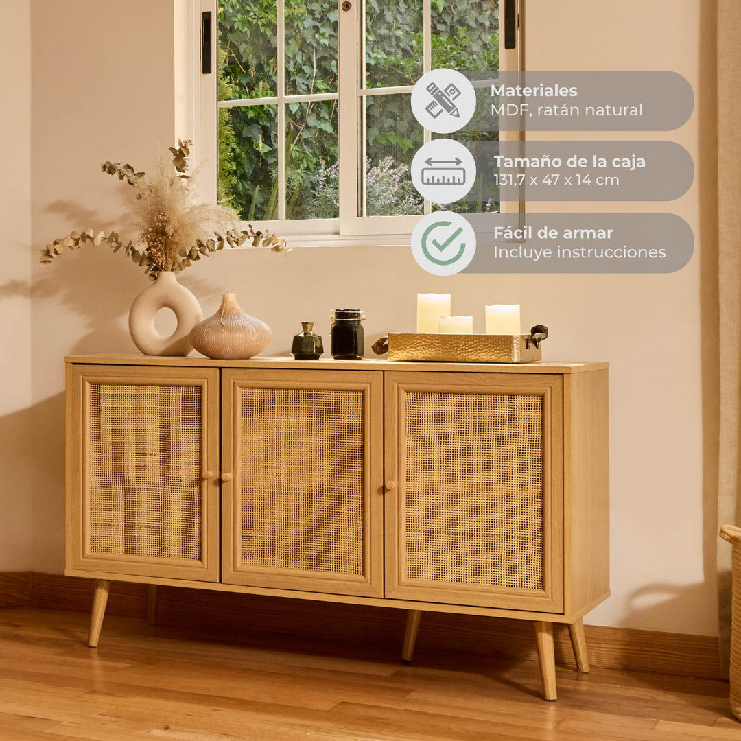 Credenza Bufetera con 3 Puertas de Ratán