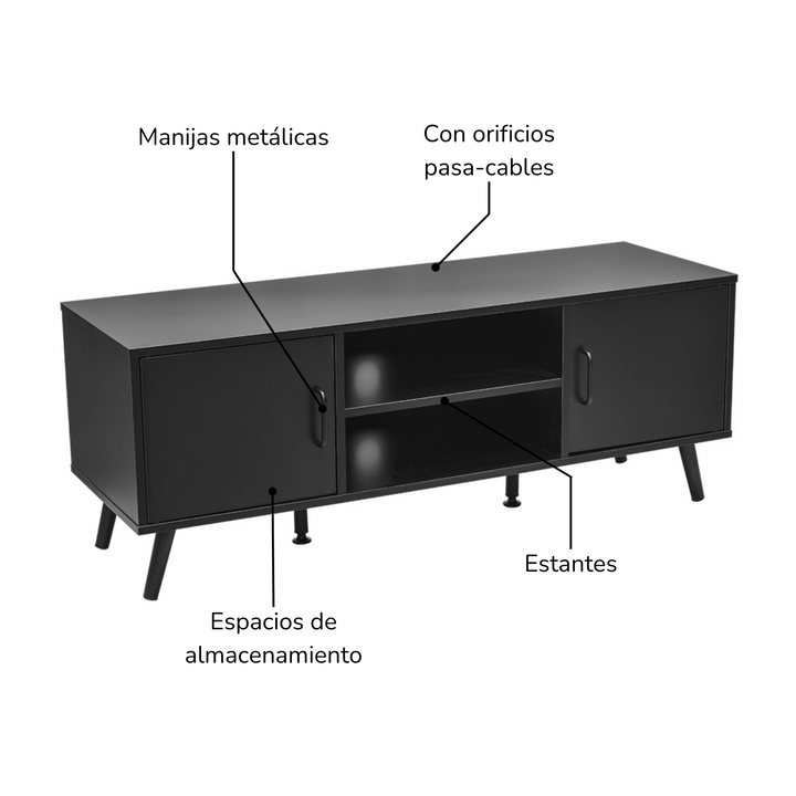 Mueble de TV Lucca-N con Puertas y Entrepaños Negro