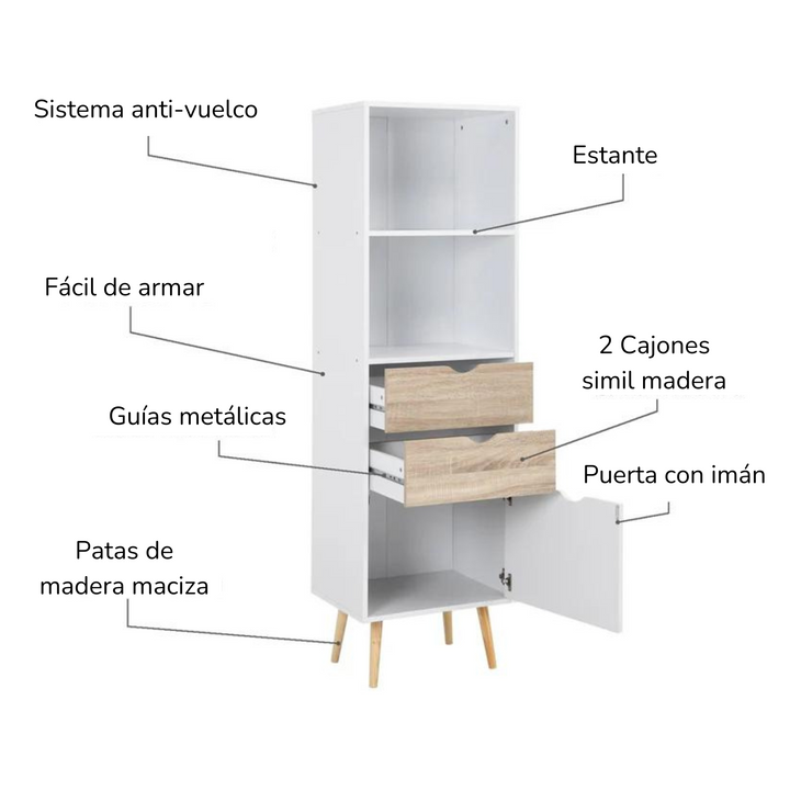 Librero Vertical Nórdico con Estantes y Cajones
