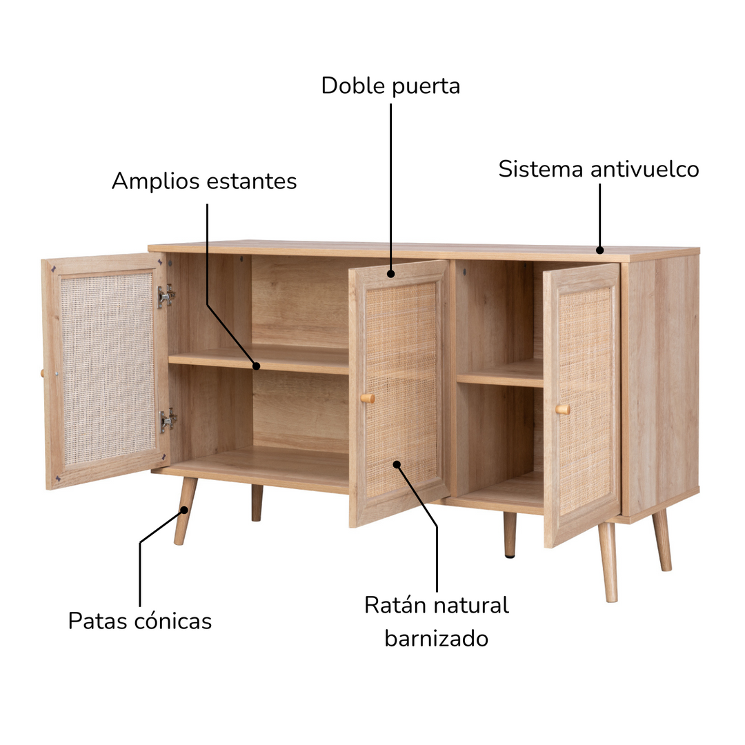 Credenza Bufetera con 3 Puertas de Ratán