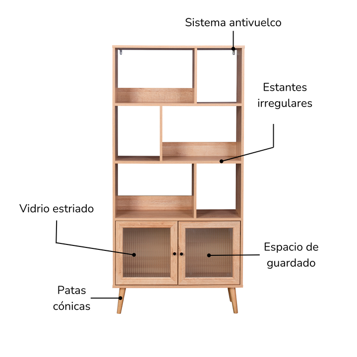 Librero Vertical con Estantes y Puertas de Vidrio