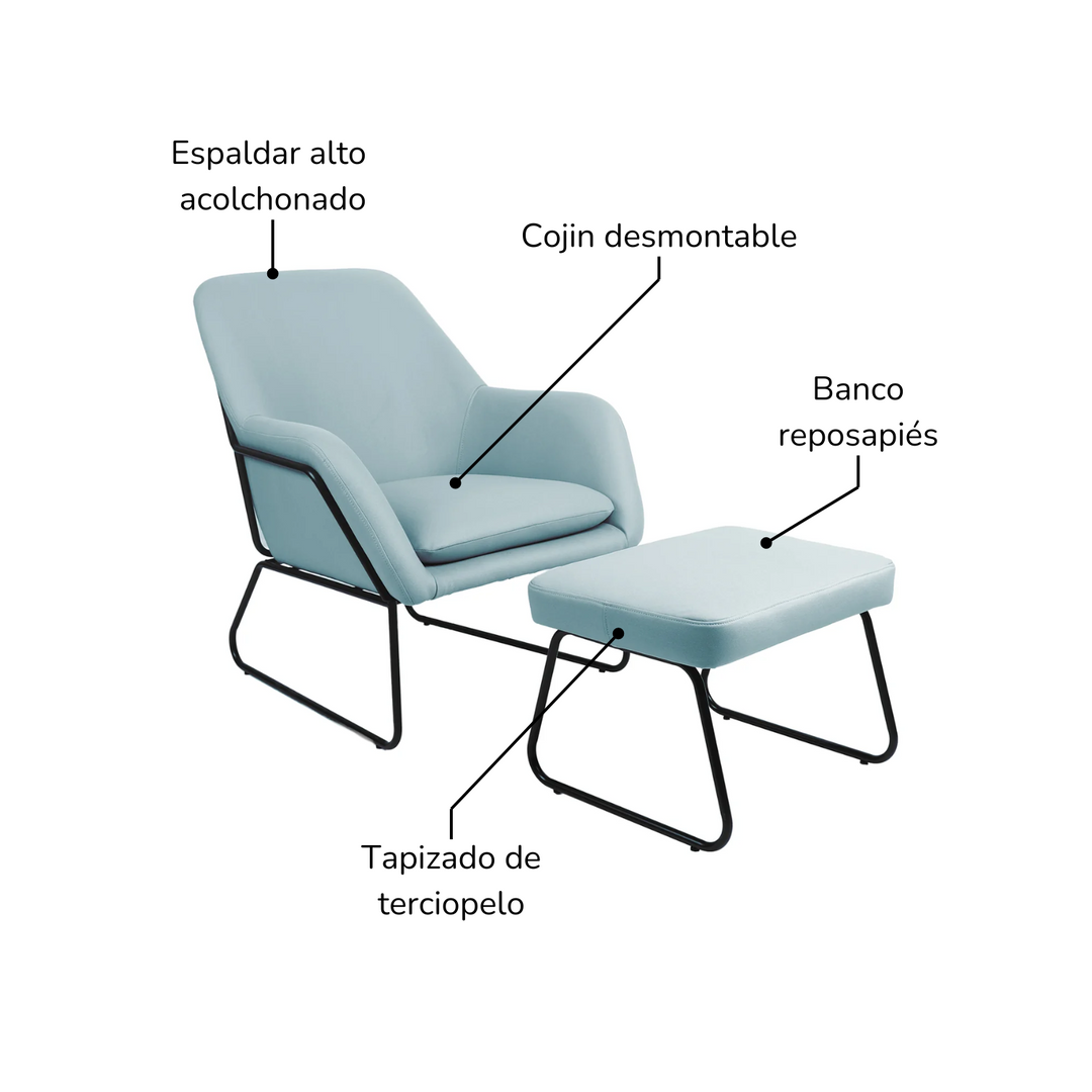 Sillón Individual con Taburete Reposapiés Terciopelo Azul