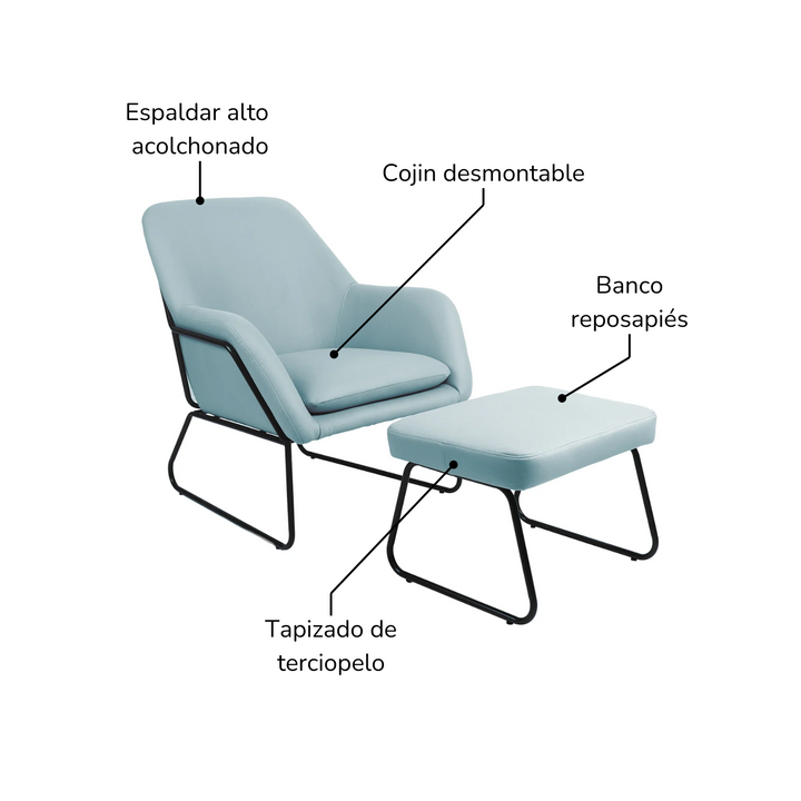 Sillón Individual con Taburete Reposapiés Terciopelo Azul