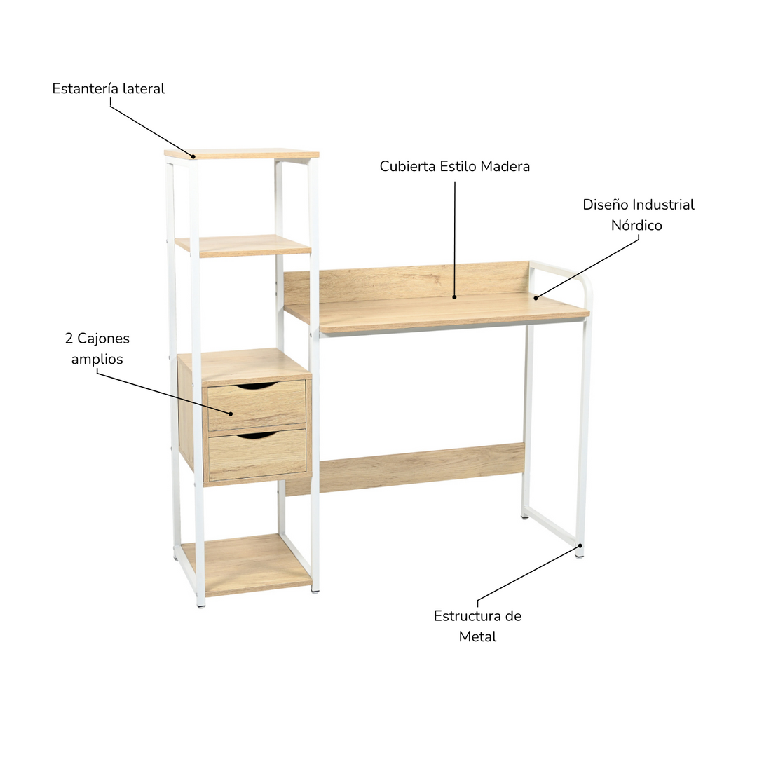 Escritorio Industrial Nórdico con Estantes y Cajones