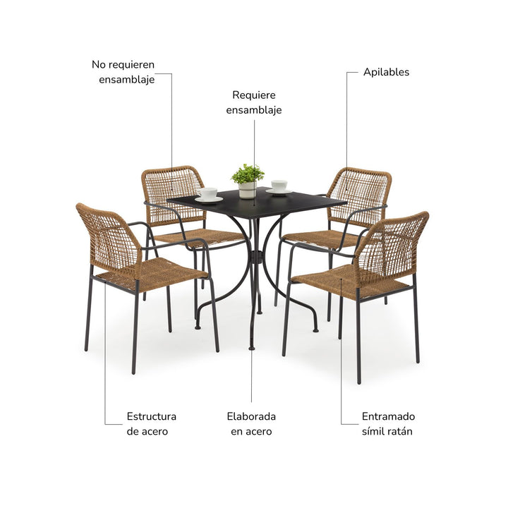 Set 4 Sillas de Ratán Sintético + Mesa Cuadrada