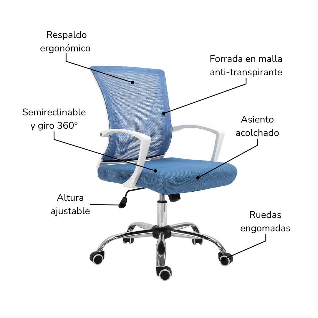 Silla de Oficina Paris Ergonómica Semi Reclinable Azul