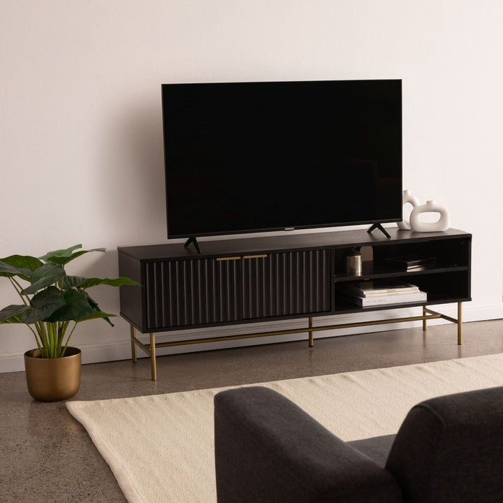 Mueble para TV Moderno Diseño Acanalado Negro y Dorado