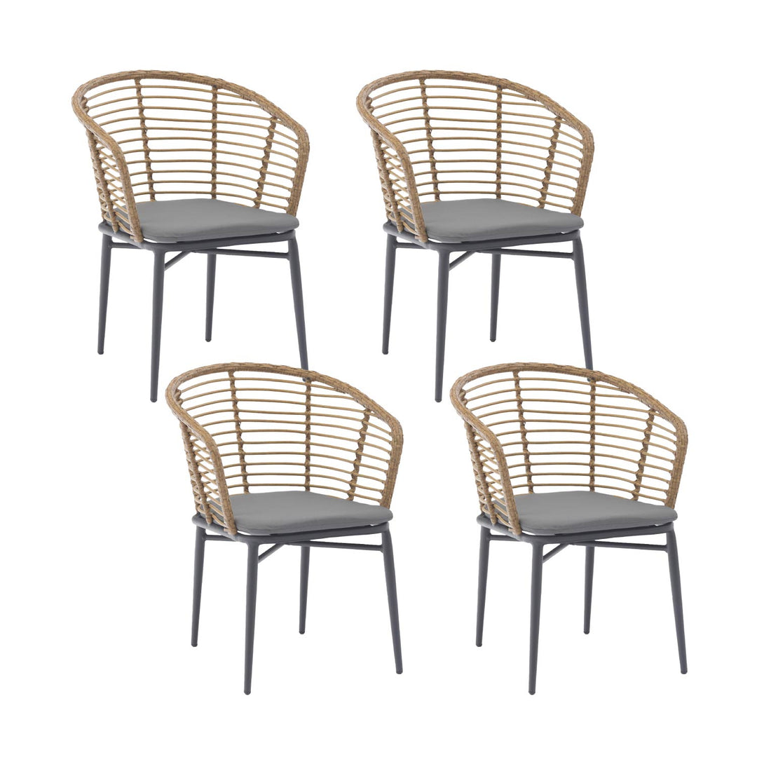 Set 4 Sillas de Exterior con Respaldo de Ratán y Cojín Café y Gris