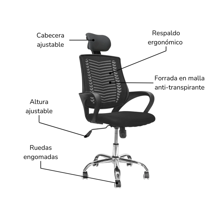 Silla de Oficina con Cabecera Ajustable Negra