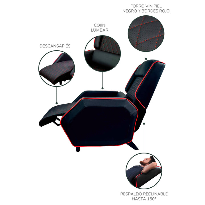 Sillón Gamer Thunder Reclinable con Reposapies Negro