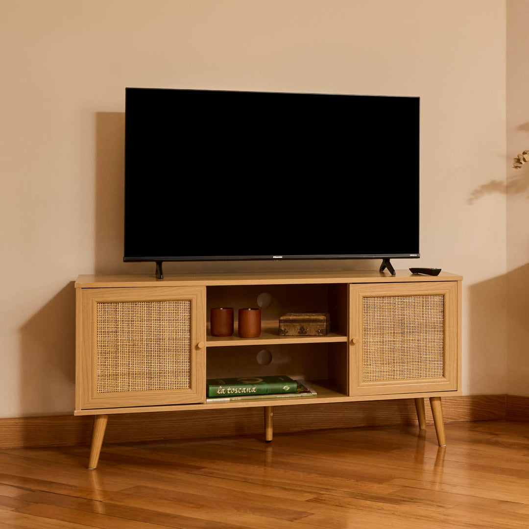 Mueble para TV con Estantes y Puertas de Ratán